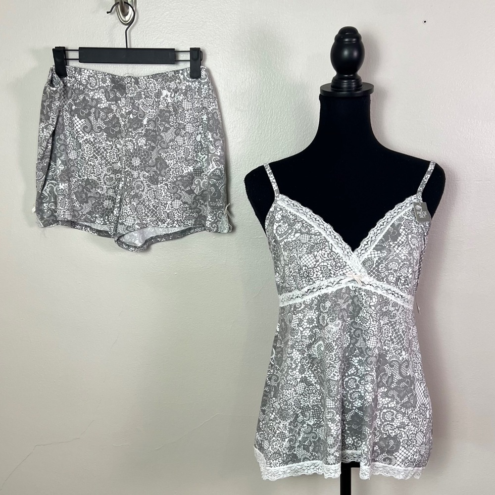 Marilyn Monroe Pajama Set XL Grey White Lace Print Camisole Shorts 2pc NWT